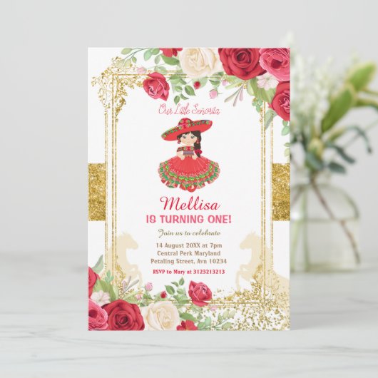 Red Charro Rozen en Gold Mexican Birthday Kaart (Staand voorkant)