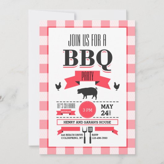 Red Check BBQ-uitnodiging Kaart (Voorkant)