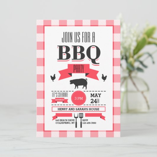 Red Check BBQ-uitnodiging Kaart (Staand voorkant)