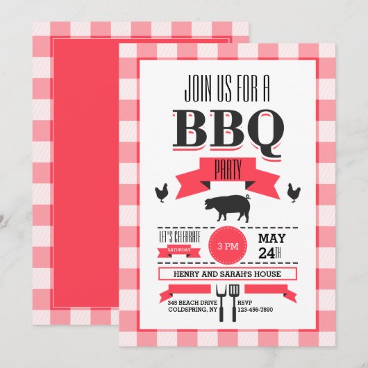 Red Check BBQ-uitnodiging Kaart (Voorkant / Achterkant)