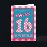 Red Check Polkas Sweet 16e verjaardag voor Zuster<br><div class="desc">Een lieve 16e verjaardag Kaart voor een zus,  met een ,  retro gevoel. De letters,  cijfers en rand zijn in rood en wit check gingham en polka stippen op een denim blauwe achtergrond. U kunt het bericht aan de binnenkant wijzigen als u dat wenst.</div>