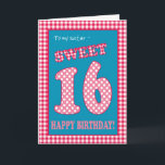 Red Check Polkas Sweet 16e verjaardag voor Zuster<br><div class="desc">Een lieve 16e verjaardag Kaart voor een zus,  met een ,  retro gevoel. De letters,  cijfers en rand zijn in rood en wit check gingham en polka stippen op een denim blauwe achtergrond. U kunt het bericht aan de binnenkant wijzigen als u dat wenst.</div>