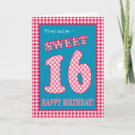 Red Check Polkas Sweet 16th Birthday for Sister<br><div class="desc">Een zoete 16e verjaardag-kaart voor een zuster,  met een ,  retroflectief gevoel. De letters,  getallen en randen zijn in rode en witte vinnen op een denim blauwe achtergrond. U kunt het binnenbericht desgewenst wijzigen.</div>