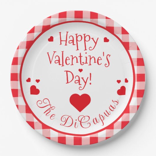 Red Check Red Hearts Whimsical Valentine's Day Papieren Bordje (Voorkant)