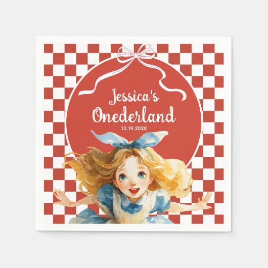 Red Checkered Alice in ONEDERLAND 1st Birthday Servet (Voorkant)