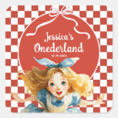 Red Checkered Alice in ONEDERLAND 1st Birthday Vierkante Sticker (Voorkant)