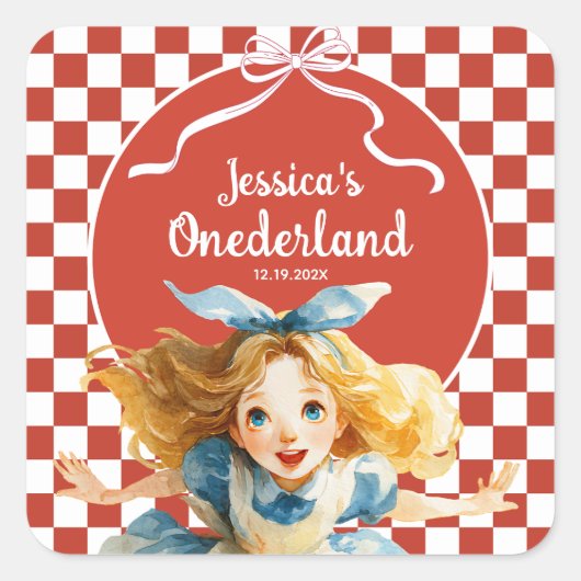 Red Checkered Alice in ONEDERLAND 1st Birthday  Vierkante Sticker (Voorkant)