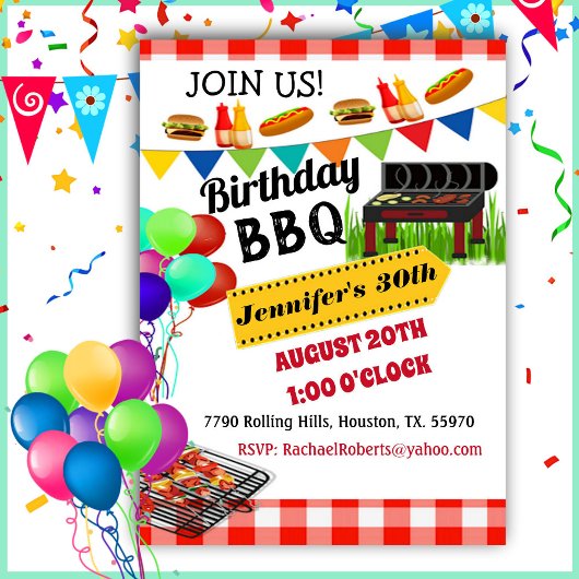 Red Checkered BBQ Birthday Invitation Kaart