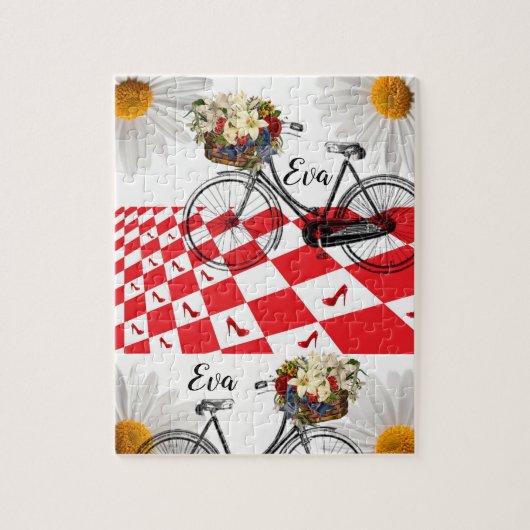 Red Checkered Floral Bike Jigzaag Puzzle Daisy Legpuzzel (Verticaal)