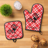 Red Checkered Mr & Mrs Hearts Monogram Ovenwant & Pannenlap Set (Top down)