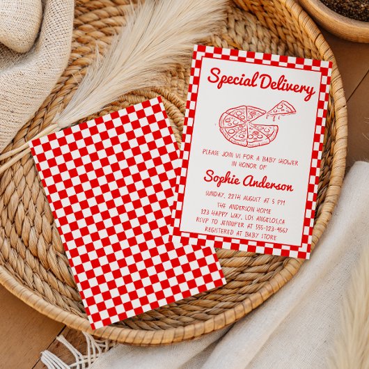 Red Checkered Special Delivery Pizza Baby Shower Kaart