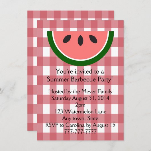 Red Checkered Watermelon Summer Party Invitation Kaart (Voorkant / Achterkant)