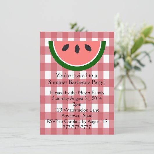 Red Checkered Watermelon Summer Party Invitation Kaart (Staand voorkant)