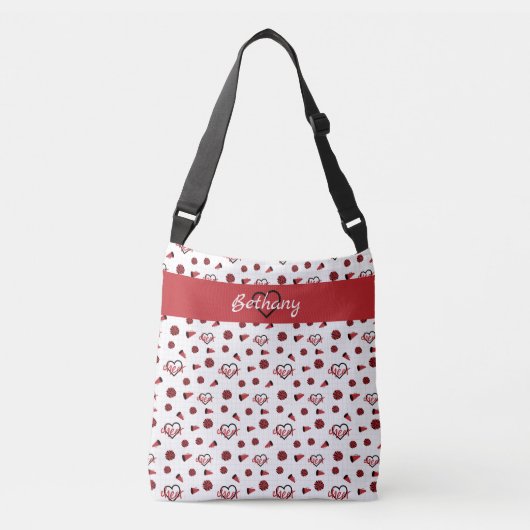 Red Cheer Hearts, Pom Poms, Megafone Pattern Crossbody Tas (Voorkant)