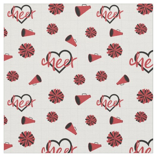 Red Cheer Hearts, Pom Poms, Megafone Pattern Stof (Close Up)