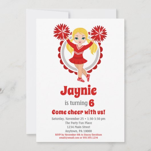 Red Cheerleader - Blonde Girls Cheer Birthday Kaart (Voorkant)