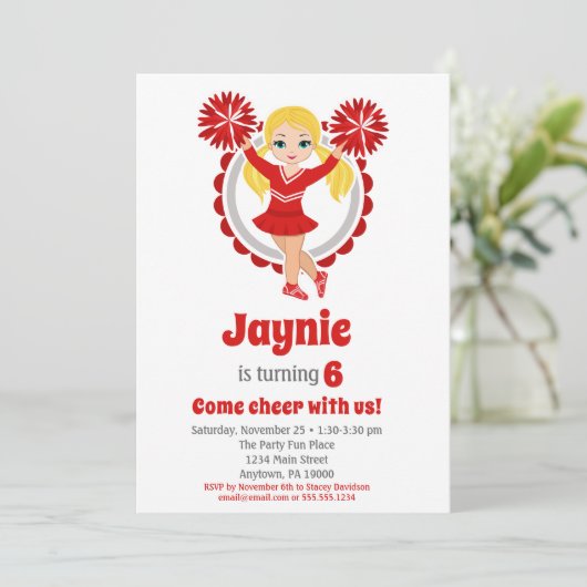 Red Cheerleader - Blonde Girls Cheer Birthday Kaart (Staand voorkant)