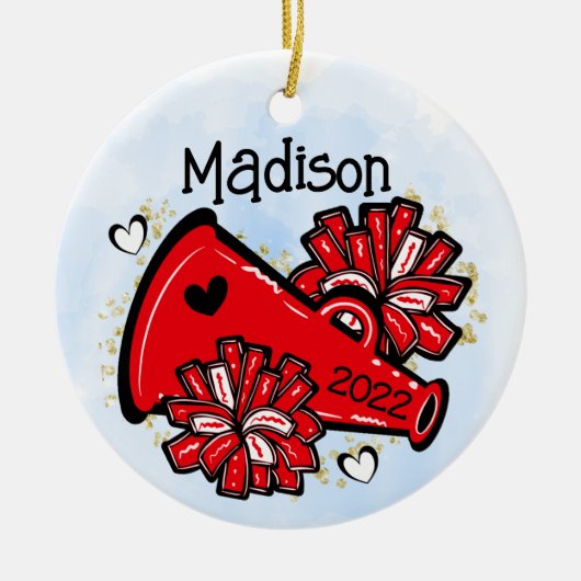 Red Cheerleader Ornament Megaphone Pom Pom (Voorkant)