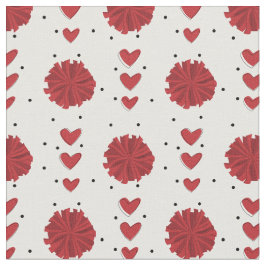 Red Cheerleader Pom Poms & Hearts Pattern Stof