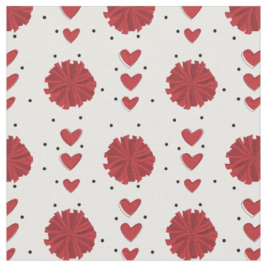 Red Cheerleader Pom Poms & Hearts Pattern Stof (Close Up)