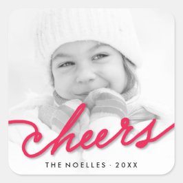 Red Cheers Calligraphy Script Modern Photo Holiday Vierkante Sticker