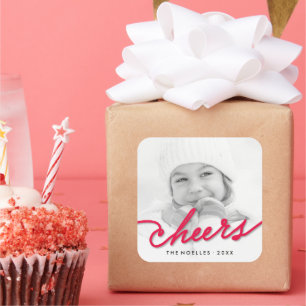 Red Cheers Calligraphy Script Modern Photo Holiday Vierkante Sticker