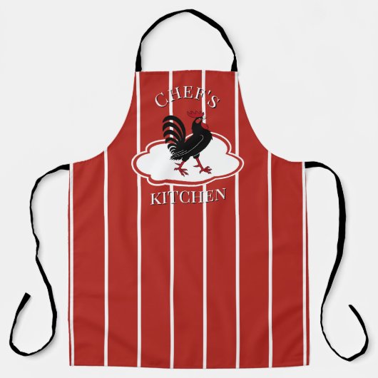 Red Chef's Kitchen Rooster Striped Apron Schort (Voorkant)