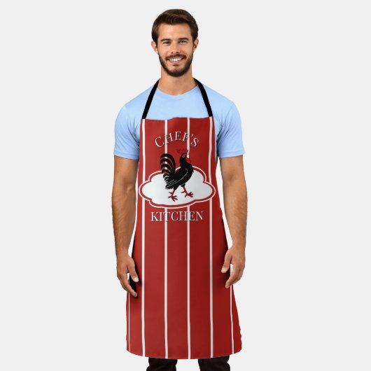 Red Chef's Kitchen Rooster Striped Apron Schort (Gedragen)