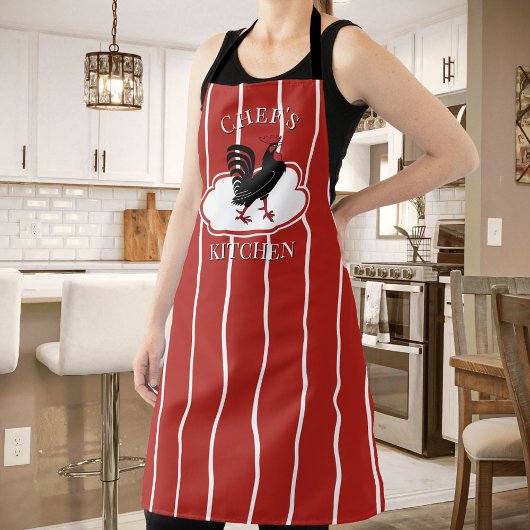 Red Chef's Kitchen Rooster Striped Apron Schort