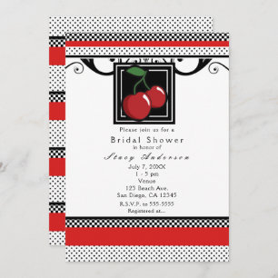 Red Cherries Black White en Red Invitations Kaart