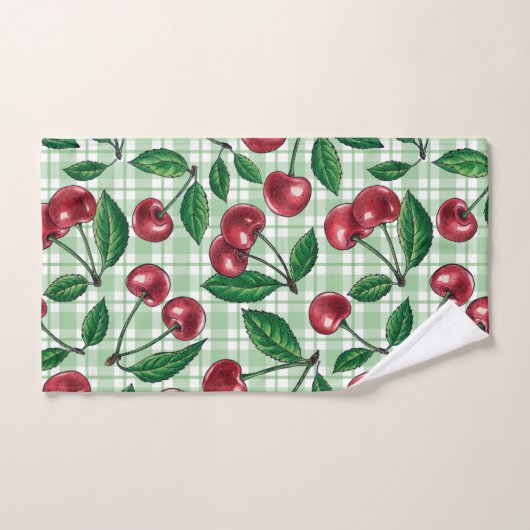 Red cherries on light green gingham bad handdoek (Handdoek)