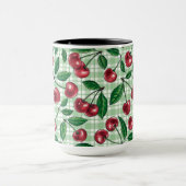 Red cherries on light green gingham mok (Midden)