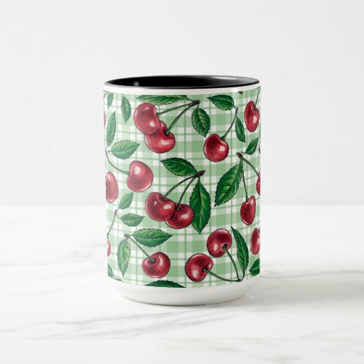 Red cherries on light green gingham mok (Midden)