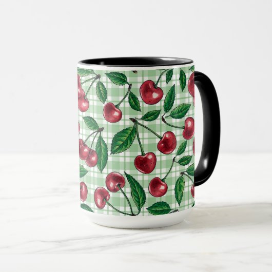 Red cherries on light green gingham mok (Voorkant rechts)