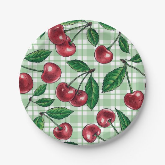 Red cherries on light green gingham papieren bordje (Voorkant)