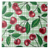 Red cherries on light green gingham tegeltje (Voorkant)