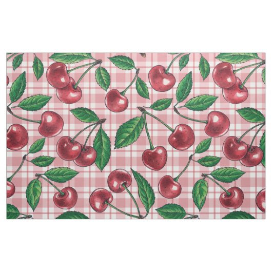 Red cherries on pink gingham stof (Fat Quarter)