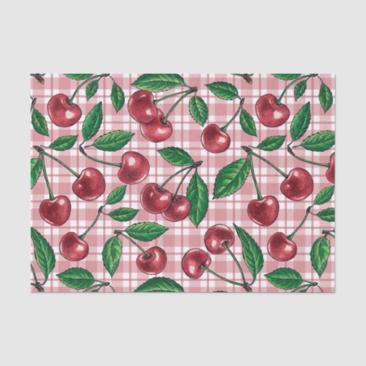 Red cherries on pink gingham tissuepapier (Voorkant)