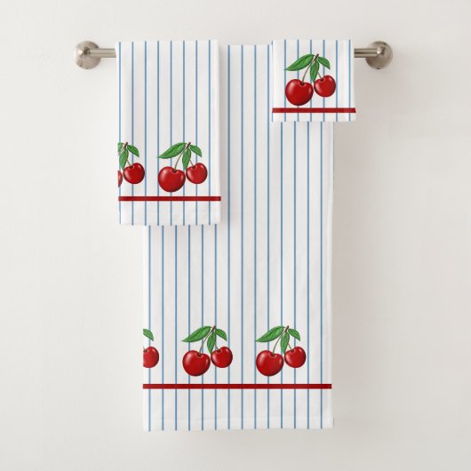 Red Cherries op Blue Stripes Graphic Pattern Bad Handdoek (Insitu)