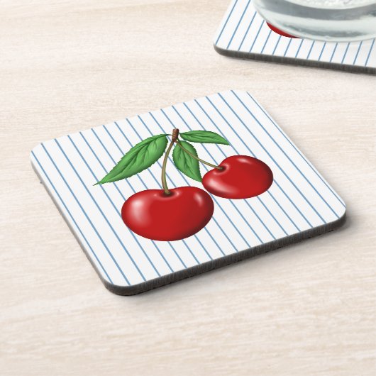 Red Cherries op Blue Stripes Graphic Pattern Bier Onderzetter (Linkerzijde)