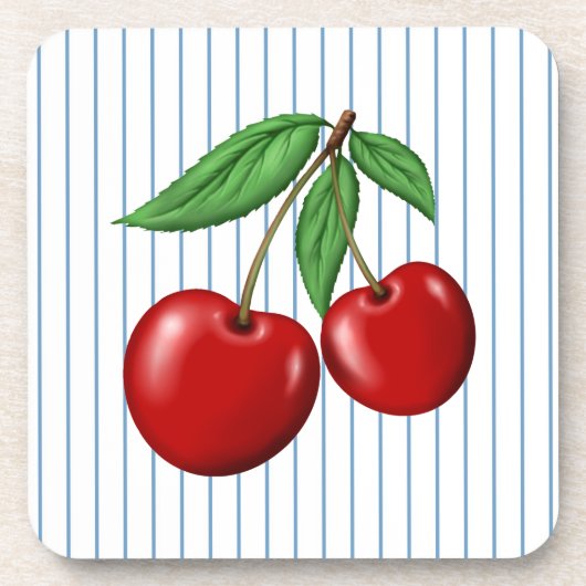 Red Cherries op Blue Stripes Graphic Pattern Bier Onderzetter (Voorkant)