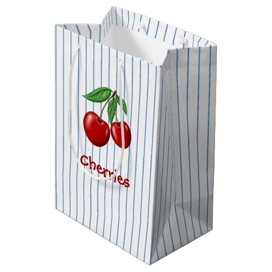 Red Cherries op Blue Stripes Graphic Pattern Medium Cadeauzakje (Achterkant Gekanteld)