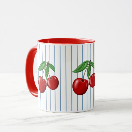 Red Cherries op Blue Stripes Graphic Pattern Mok (Voorkant links)