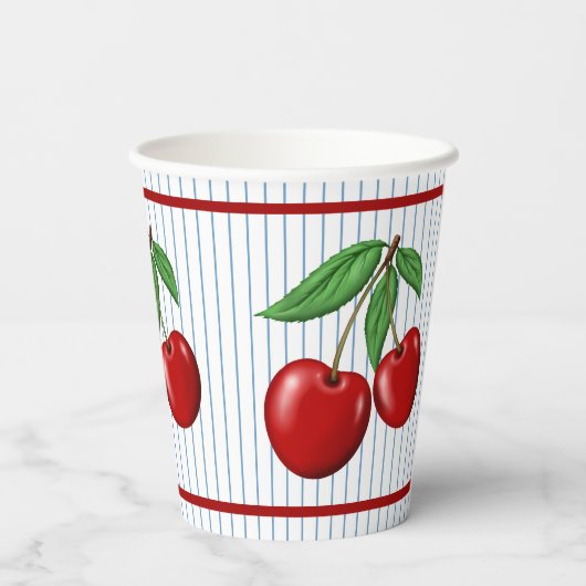 Red Cherries op Blue Stripes Graphic Pattern Papieren Bekers (Achterkant)