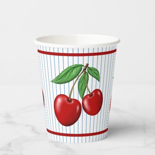 Red Cherries op Blue Stripes Graphic Pattern Papieren Bekers (Links)