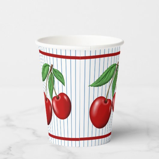 Red Cherries op Blue Stripes Graphic Pattern Papieren Bekers (Rechts)