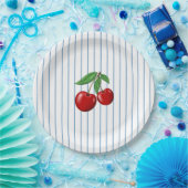 Red Cherries op Blue Stripes Graphic Pattern Papieren Bordje (Feest)