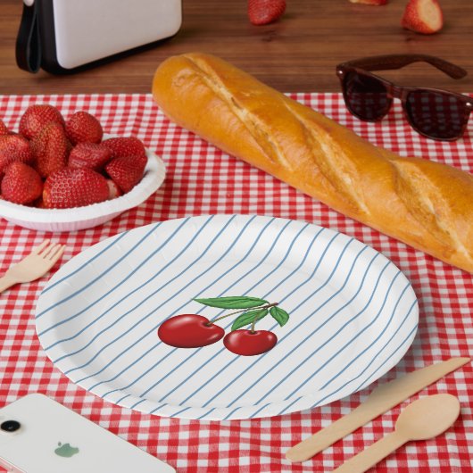 Red Cherries op Blue Stripes Graphic Pattern Papieren Bordje (Picknick)