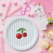 Red Cherries op Blue Stripes Graphic Pattern Papieren Bordje (Feest)