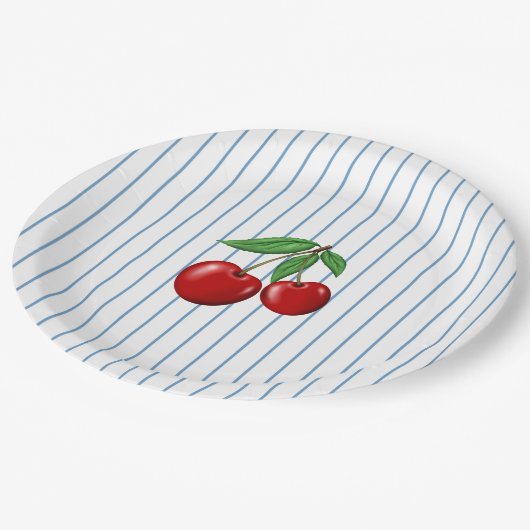 Red Cherries op Blue Stripes Graphic Pattern Papieren Bordje (Gekanteld)